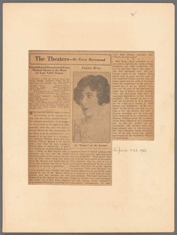 The Theaters: Fanny Brice Is Transferred From Musical Shows to the More or Less Valid Drama