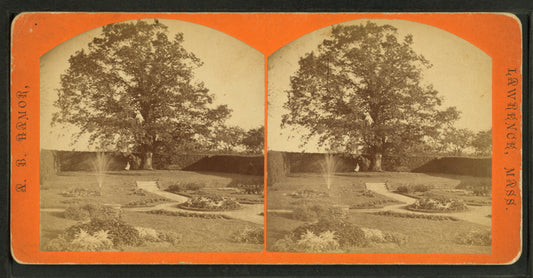 Garden, showing flower beds, enclosing hedges, tree and fountain.