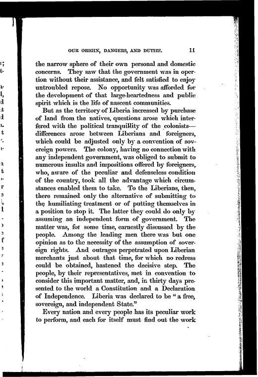 Our origin, dangers and duties: The annual address before the mayor and common council of the city of Monrovia, July 26, 1865, the day of national independence; and repeated on Tuesday, August 1, 1865, at Caldwell, St. Paul's River