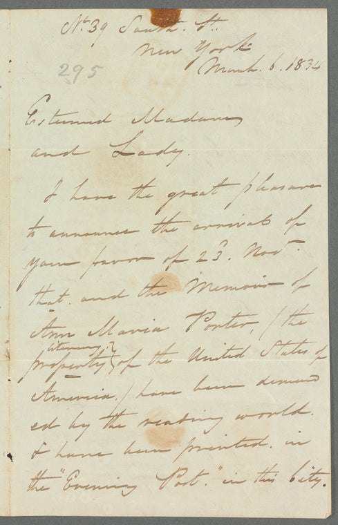 William Wood to Jane Porter, autograph letter signed