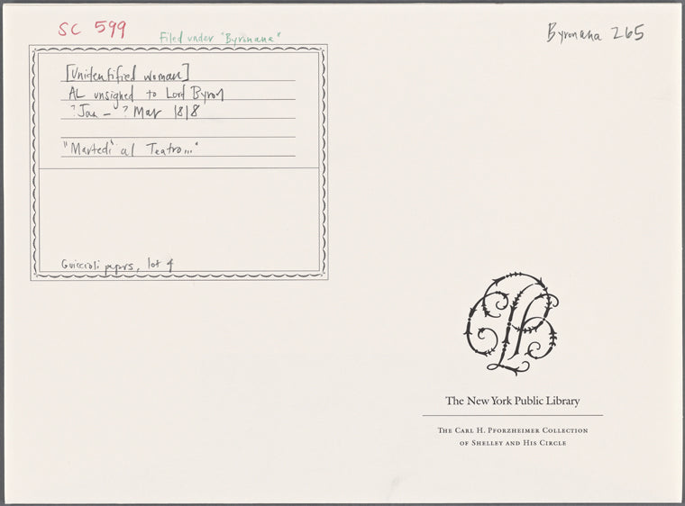 Autograph letter unsigned to Lord Byron, ?January-?March 1818