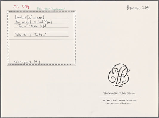 Autograph letter unsigned to Lord Byron, ?January-?March 1818