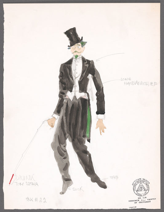 Chaplin: costume sketch and fabric swatches for drunk (Tom Sesma)
