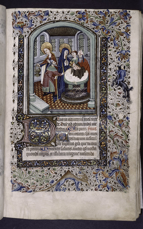 Miniature of the Baptism of Christ (?), with border design, initials, rubrics, placemarkers.