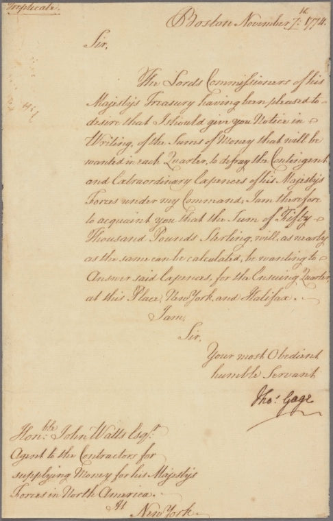 Letter to John Watts, agent to the contractors for supplying money for his Majesty's forces in North America, New York
