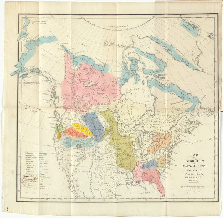 Map of the Indian Tribes of North America about 1600 A.D. along the Atlantic; & about 1800 A.D. westwardly