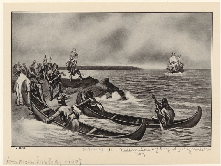 Hudson enters N.Y. Bay at foot of Manhattan, 1609