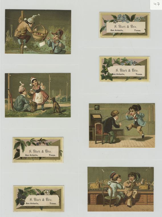 Trade cards depicting flowers, berries, baskets of fruit, a dog and telephones : poles and lines.