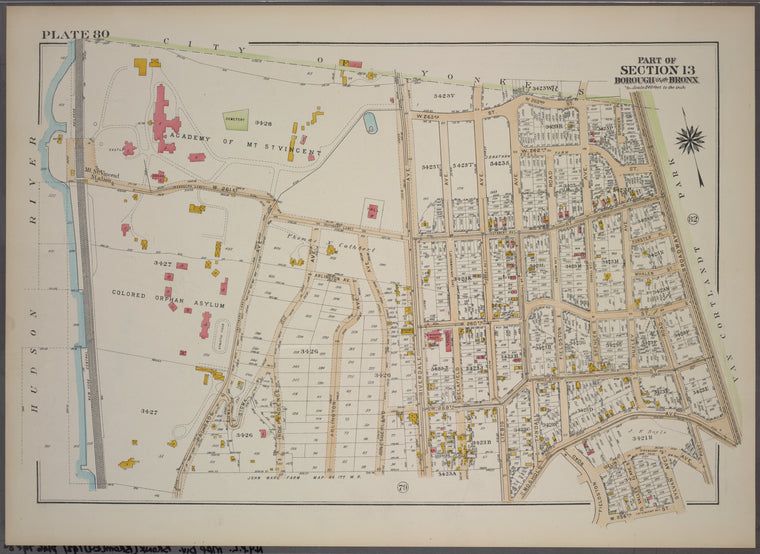 Plate 80, Part of Section 13, Borough of the Bronx. [Bounded by Palisade Avenue, W. 261st Street, Riverdale Avenue, W. 263rd Street, Broadway, Mosholu Avenue, Post Road, Iselin Avenue, Sylvan Avenue, W. 256th Street, Fieldston Road and Mosholu Avenue.]