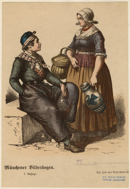 Dutch man with pipe and Dutch woman with basket and pitcher