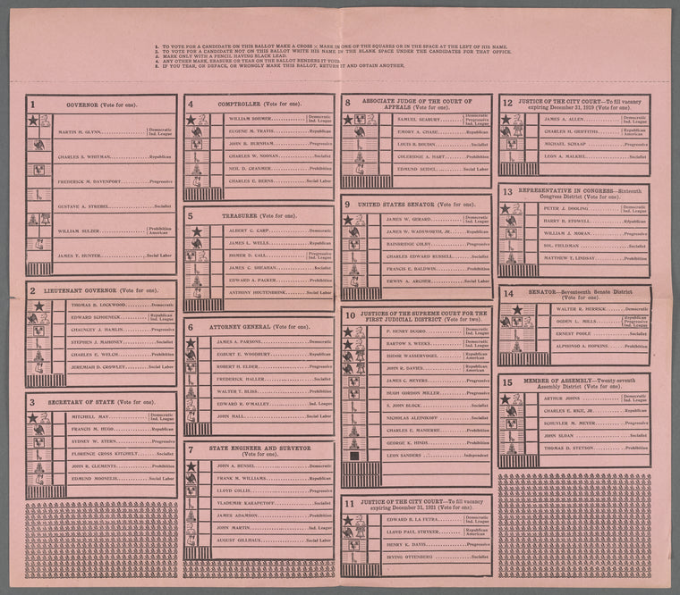 Official Ballot for nineteenth Election District, Twenty-seventh assembly Disctict, Count of New York,  November 3, 1914: Governor Martin Glynn