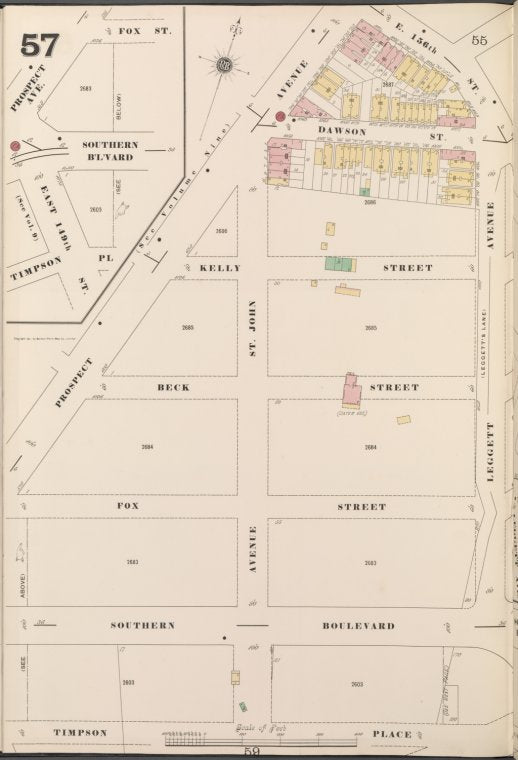 Bronx, V. 14, Plate No. 57 [Map bounded by Prospect Ave., Leggett Ave., Timpson Place]