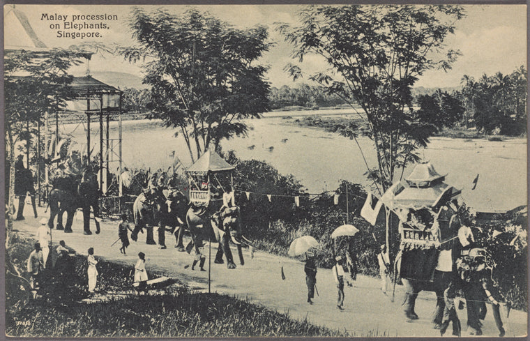 Malay procession on elephants, Singapore.