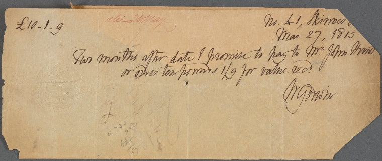 Autograph promissory note signed to John Hunt, 27 March 1815