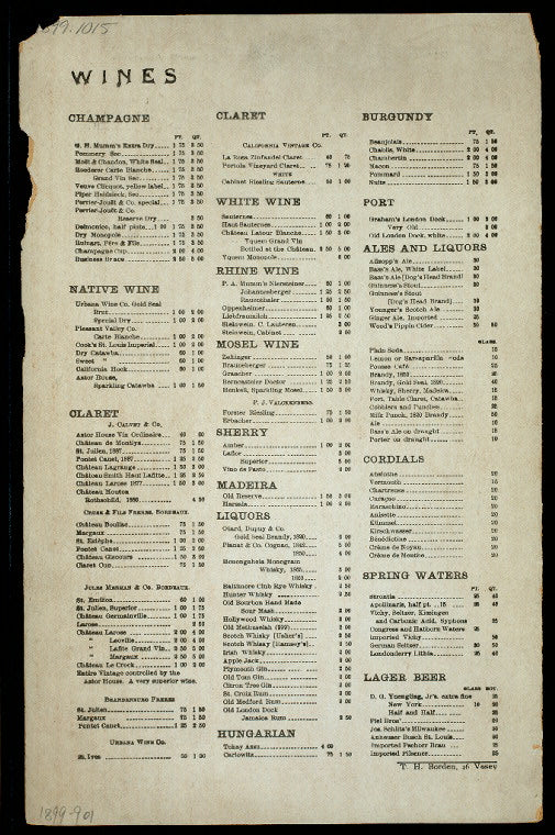 DINNER [held by] ASTOR HOUSE [at] (NY) (HOTEL;)