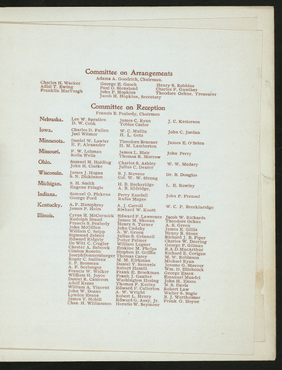 BANQUET [held by] NATIONAL DEMOCRATS OF THE MIDDLE STATES [at] "AUDITORIUM, CHICAGO, IL" (OTHER (HALL?);)