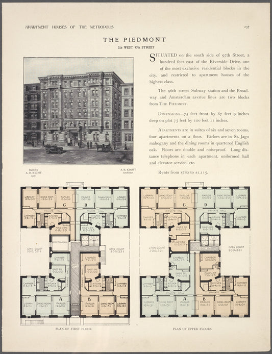The Piedmont, 316 West 97th Street; Plan of first floor; Plan of upper floors.