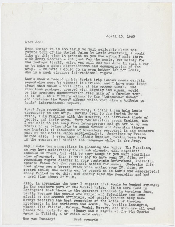Letter from George Avakian to Joe Glaser