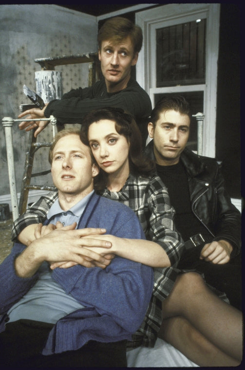 Actors (L-R) John Abajian, J. Smith-Cameron & Mark Arnott w. Daniel Gerroll (top) in a scene fr. the Roundabout Theatre production of the play "The Knack." (New York)