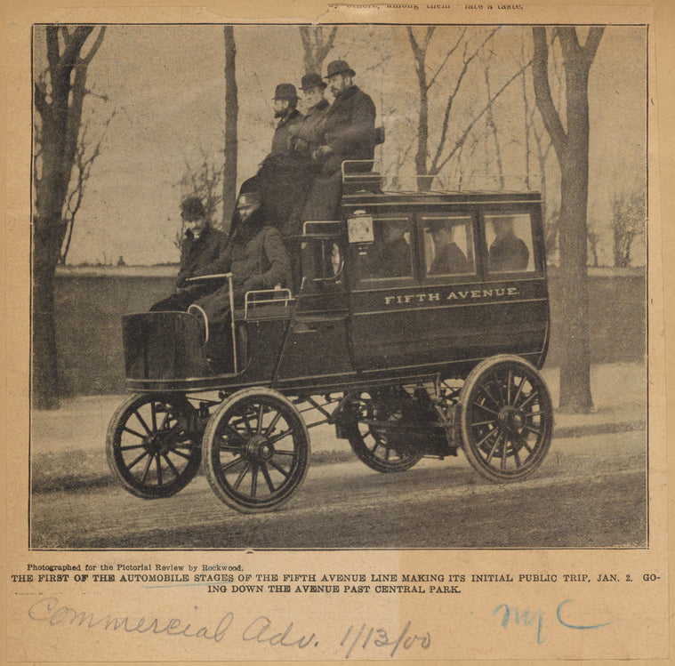 The first of the automobile stages on the Fifth Avenue line making its initial public trip, Jan. 2. Going down the avenue past Central Park.
