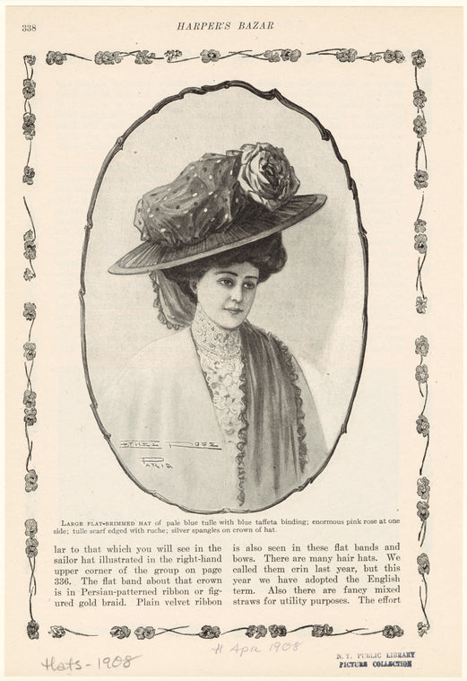 Large flat-brimmed hat of pale blue tulle with blue taffeta binding