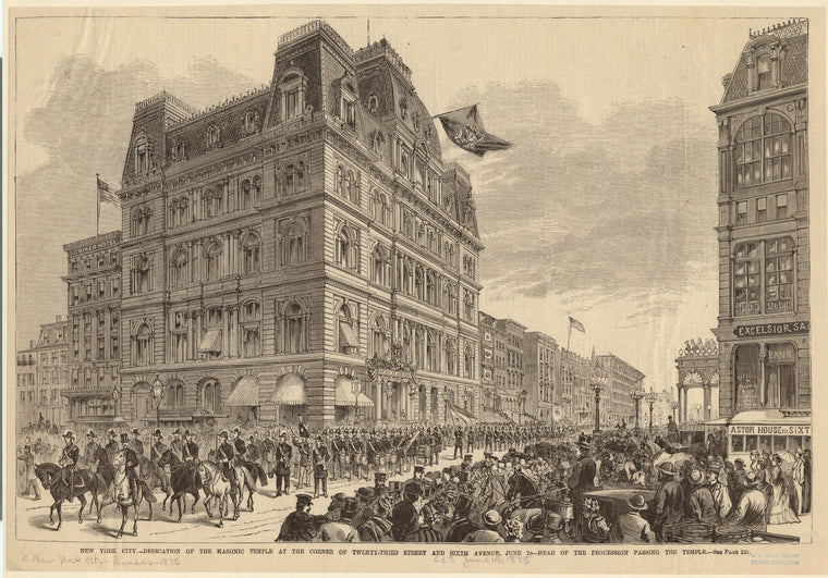 New York City--dedication of the masonic temple at the corner of Twenty-third Street and Sixth Aveune, June 2nd--head of the procession passing the temple