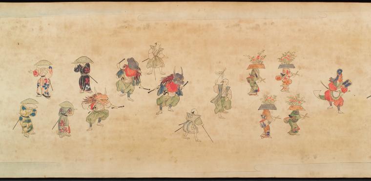 Fifteen figures in masks and hats
