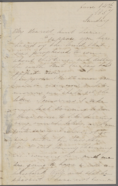 Hawthorne, Una, AL (incomplete) to Elizabeth [Palmer Peabody], aunt. Jun. 14, 1857.