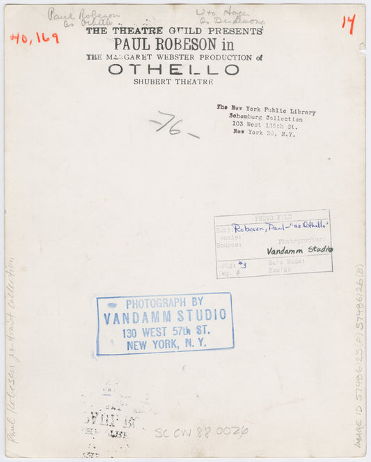 Paul Robeson as Othello, and Uta Hagen as Desdemona, in a scene from the Theatre Guild presentation of "Othello"