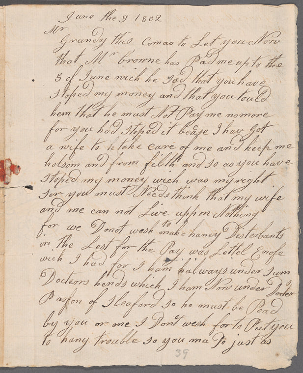 Joseph Poucher to Mr. Grundy, autograph letter signed