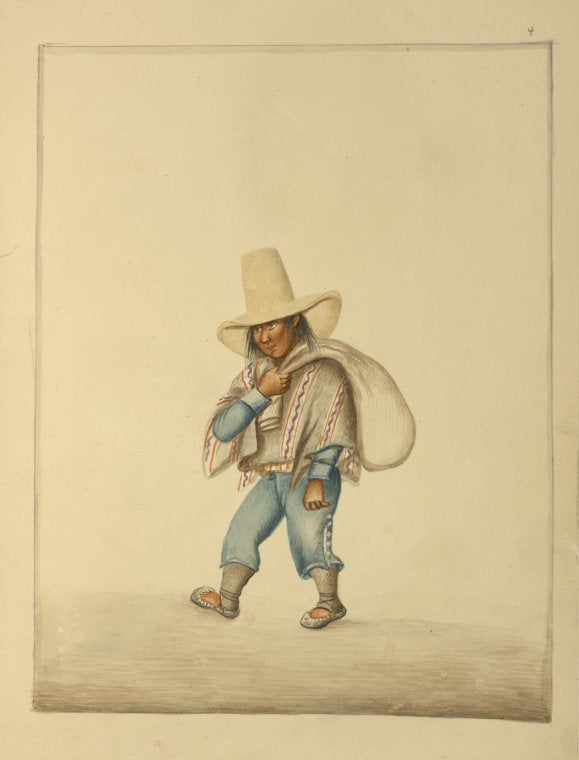 Man carrying satchel wearing poncho, moccasins, and tall, wide-brimmed hat.