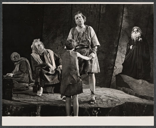 Douglas Campbell [standing center], Fredric March [far right] and unidentified others in the stage production Gideon