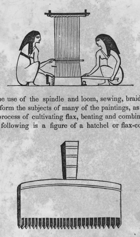 Two women using a spindle and loom; a hatchel or flax-comb