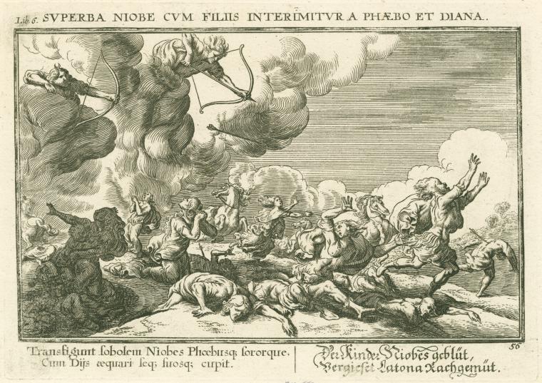 Superba Niobe cum filijs interimitura a Phaebo et Diana