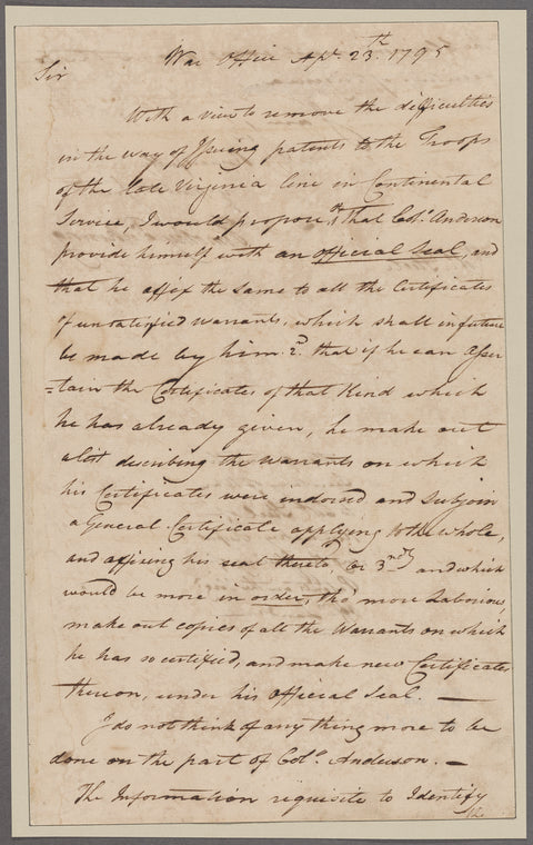 Pickering, Timothy. War Office. To Col. Steele of Kentucky
