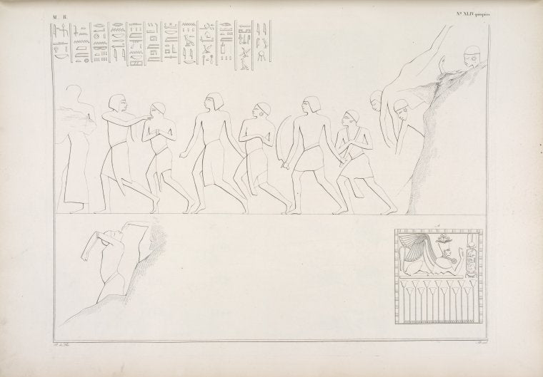 Rappresentano il trionfo del re Horus [Horemheb] sopra popoli africani, secondo le sculture dello speco di Silsilis [Gebel el-Silsila] .