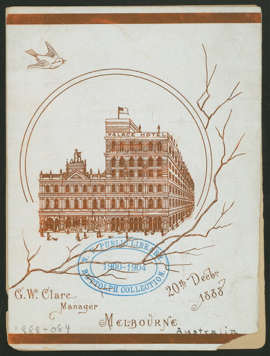CELEBRATION OF OPENING [held by] PALACE HOTEL [at] "MELBOURNE, AUSTRALIA" (FOR;)
