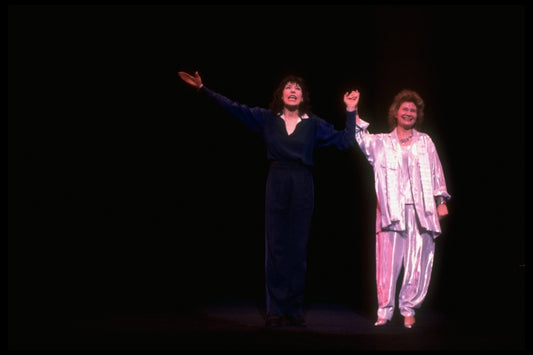 Actress Lily Tomlin and writer Jane Wagner (L-R)  bowing after performance of the Broadway play "The Search for Intelligent Life in the Universe" (New York)