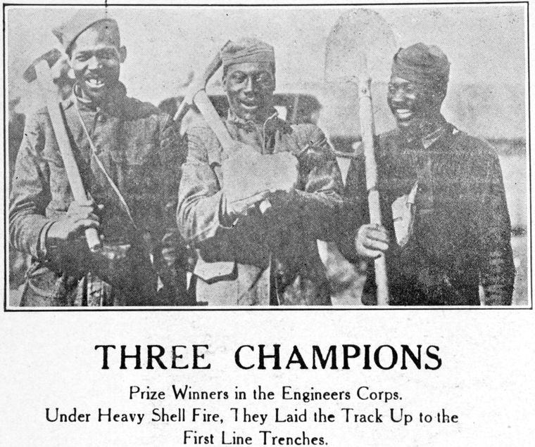 Three champions; Prize winners in the engineers corps; Under heavy shell fire, they laid the track up to the first trenches.