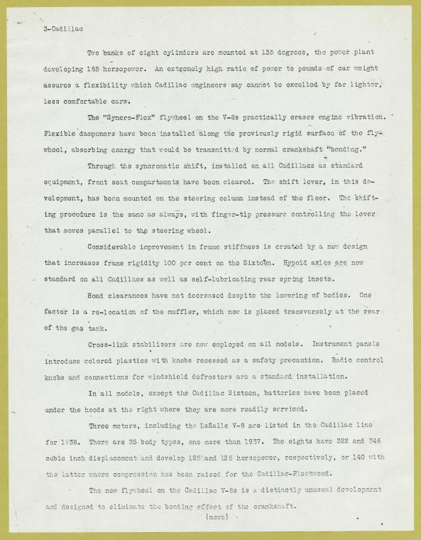 New sixteen, larger eights on Cadillac list. (News release 1938)