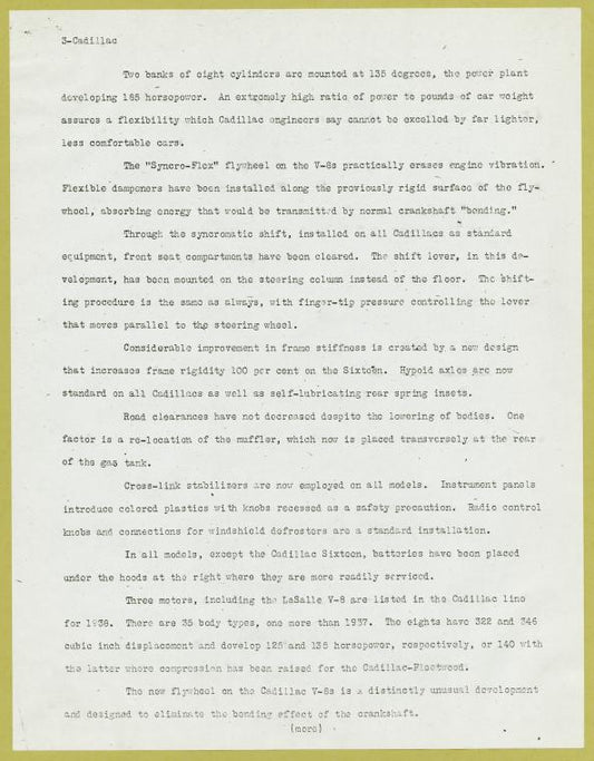 New sixteen, larger eights on Cadillac list. (News release 1938)