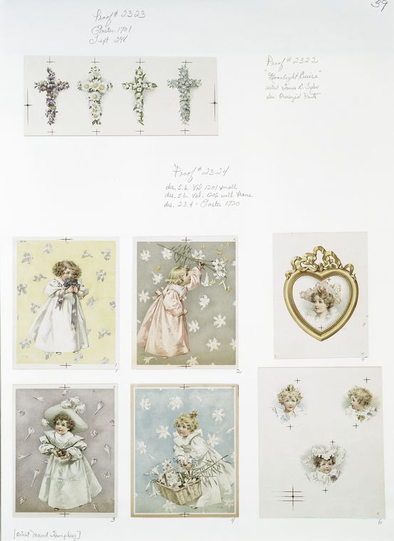 Valentines and Easter cards depicting flowers, crosses, girls, baskets, hats and a bird's nest.