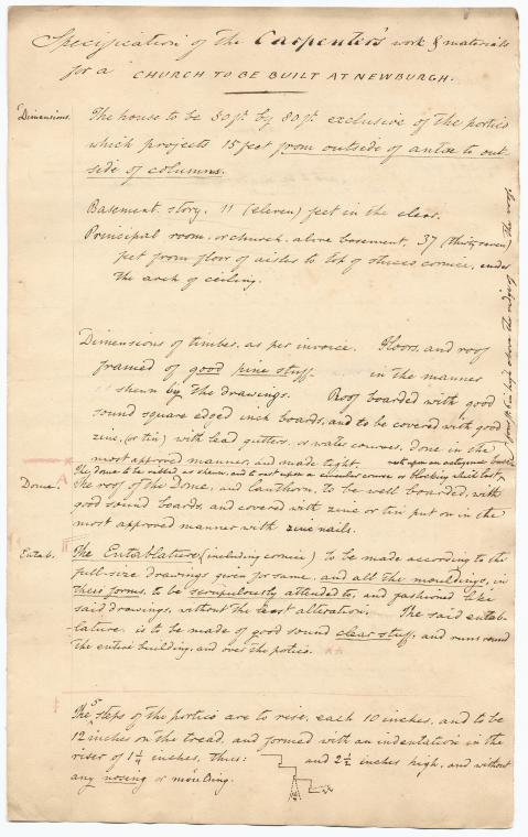 Specification of masons and carpenters work and materials for a church to be built at Newburgh