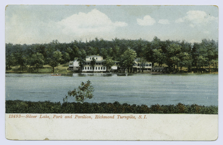 12493-Silver Lake, Park and Pavilion, Richmond Turnpike, S.I. [view of restaurant complex across lake, white border on bottom edge]