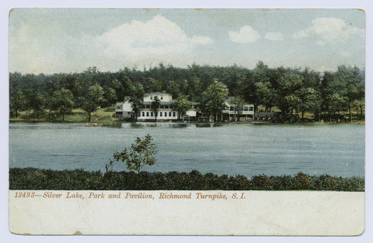 12493-Silver Lake, Park and Pavilion, Richmond Turnpike, S.I. [view of restaurant complex across lake, white border on bottom edge]