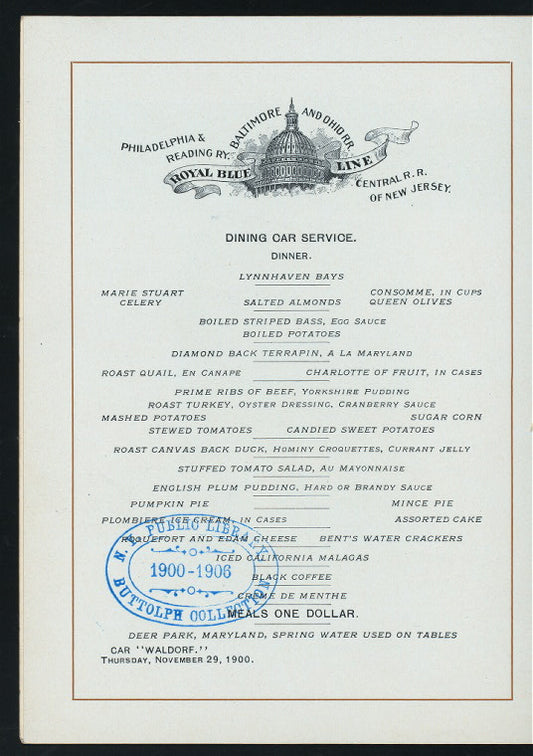THANKSGIVING DAY DINNER [held by] BALTIMORE & OHIO R.R. [at] """ROYAL LIMITED, THE"" - ""FINEST DAYLIGHT TRAIN IN THE WORLD"" EN ROUTE WASHINGTON, BALTIMORE, PHILADELPHIA, NEW YORK---CAR ""WALDORF""" (RR;)