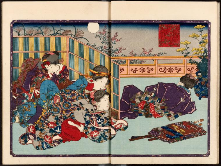 Prince Genji at Sekiya viewing the moon