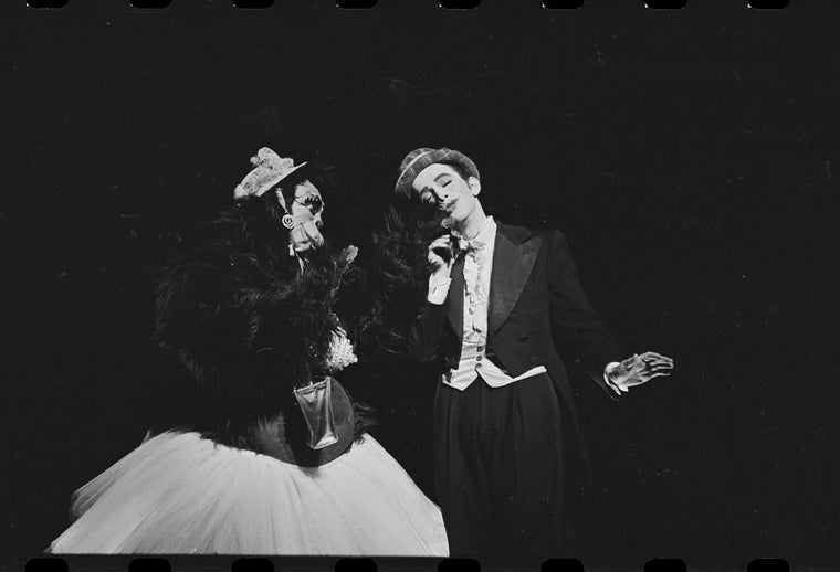 Joel Grey and unidentified in the stage production Cabaret