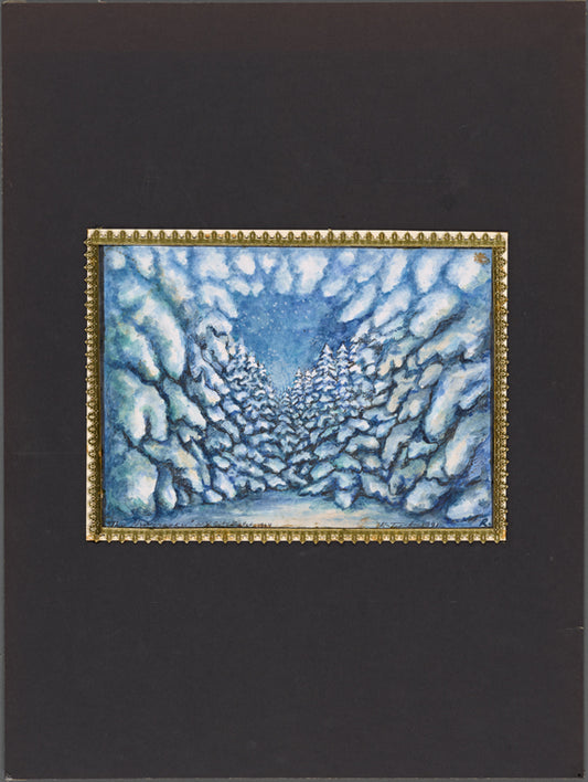 Original full color design by Rouben Ter-Arutunian for Balanchine's Nutcracker, Act I Snow scene forest