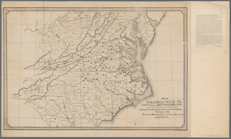 Map of Virginia and West Va., North & part of South Carolina, Maryland & Delaware, showing the situation in these states of schools taught by graduates of the Hampton Normal & Agricultural Institute from 1871 to 1876